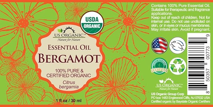 US Organic 100% Pure Bergamot Essential Oil, USDA Certified Organic, Cold Pressed, with Euro droppers (More Size Variations Available) (30 ml / 1 fl oz)