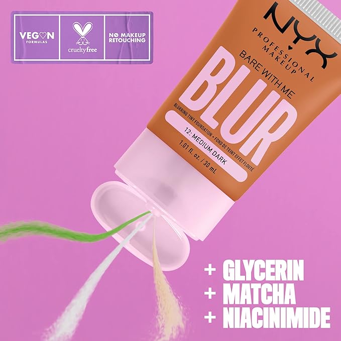 NYX PROFESSIONAL MAKEUP Bare With Me Blur Skin Tint Foundation Make Up with Matcha, Glycerin & Niacinamide - Medium Dark