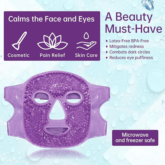 Ice Face Mask Reusable and Cold Gel Eye Mask for Puffiness/Dark Circles/Eye Bags/Dry Eyes/Headaches/Migraines/Stress Relief, Ice Pack for Eyes & Face (Purple)
