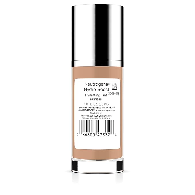 Neutrogena Hydro Boost Hydrating Tint with Hyaluronic Acid, Lightweight Water Gel Formula, Moisturizing, Oil-Free & Non-Comedogenic Liquid Foundation Makeup, 40 Nude Color, 1.0 fl. oz (Pack of 2)
