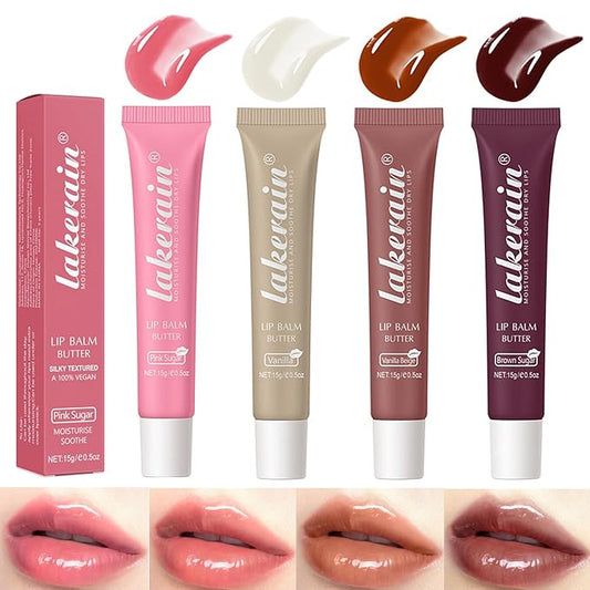 4 Color Glossy Lip Butter Balm, Moisturizing Lip Gloss Butter Non Sticky High Shiny Finish Lip Glow Oil, Natural Plumping Lip Tint Lip Care & Repair Lip Mask for Soft & Smooth & Protect Dry Lip