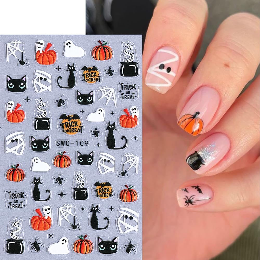 4 Sheets Halloween Nail Stickers for Nail Art Scary Black Cat Mummy Spider Web Nail Art Stickers 5D Spider Pumpkin Nail Decals Self-Adhesive Ghost Skeleton Nail Supplies for Women Nails Decoration