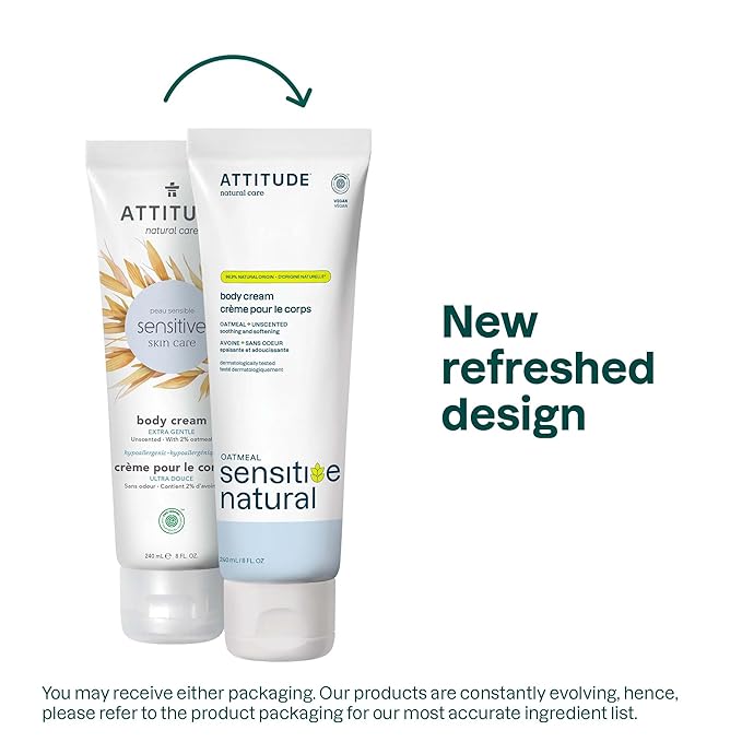 ATTITUDE Body Cream for Sensitive Skin with Oat, EWG Verified, Dermatologically Tested, Vegan, Extra Gentle, Unscented, 8 Fl Oz