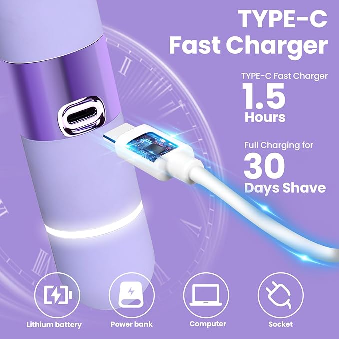 Bikini Trimmer for Women, Glow Aura Womens Shaver, Quiet Dual Head Waterproof Cordless Rechargeable Painless Trimmer for Underarms, Legs, Body (Purple)