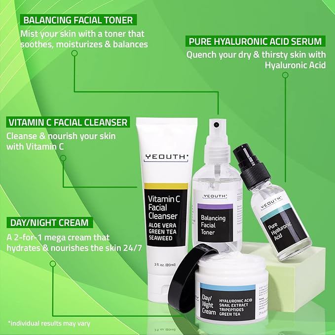 YEOUTH Skin Care Set: Hyaluronic Acid Serum, Vitamin C Cleanser, Toner & Face Cream, Teen Skincare Kit Girls & Boys 4-Piece Beauty Gifts