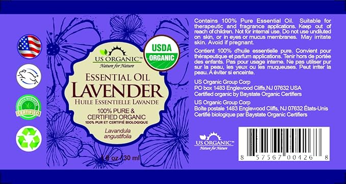 US Organic 100% Pure Lavender Essential Oil, Directly sourced from Bulgaria, USDA Certified Organic, Undiluted, for Diffuser, Humidifier, Massage, Skin, Hair Care, Non GMO, 30 ml 2 Pack