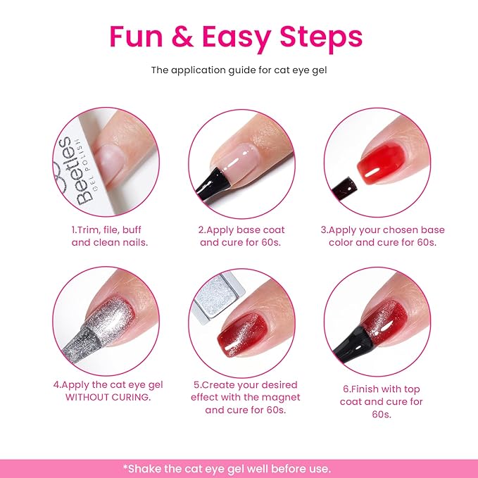 Beetles Gel Nail Polish Set, 6 Colors Silver Cat Eye Gel Polish Sheer Jelly Red Pink Yellow Green Black Neon Gel Translucent Glitter Effect with Magnet Soak Off UV Manicure Gifts for Women