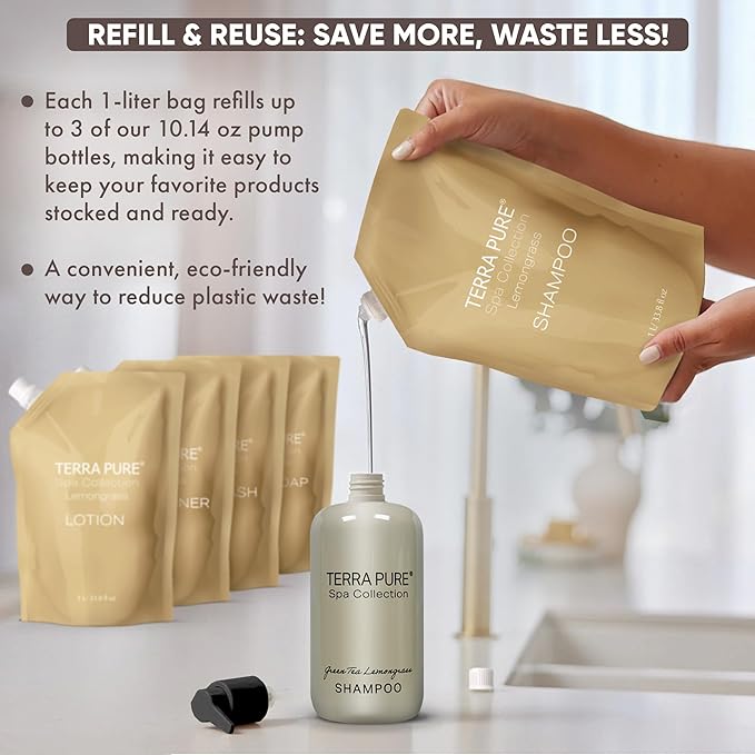 Terra Pure Spa Collection 1 Liter Conditioner Refill Bag For Soap Dispensers | Bulk Toiletries for Vacation Rentals, and Home Bathroom Showers | Green Tea Lemongrass | Single