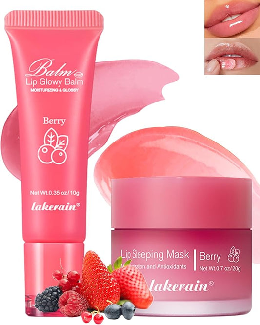 2Pcs Lip Glowy Balm & Lip Sleeping Mask Set,Hydrating Nourishing Repair Sleeping Lip Mask,Glossy Tinted Lip Balm,Day & Night Smooth Cracked Chapped Dry Lip,Lip Care Therapy Treatment for Women-02Berry