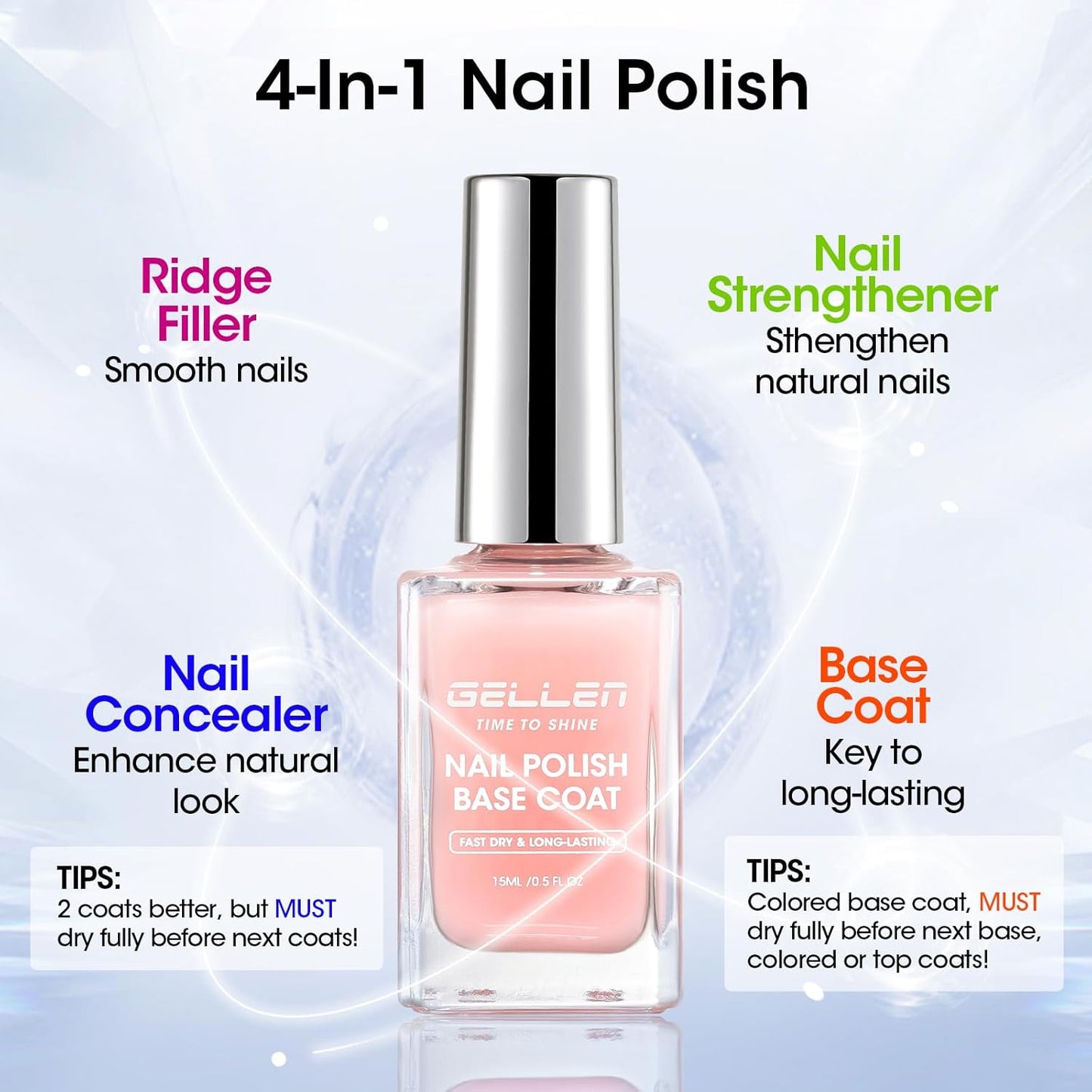 GELLEN 4‑in‑1 Clear Nail Polish Base Coat Sheer Tinted Milky Pink, Ridge Filler, Nail Strengthener & Concealer, Calcium Formula Strengthens Nails, Enhances Natural Look, No HEMA, Anti-yellowing