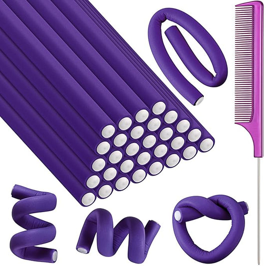 Syhood 30 Pcs 7'' Flexible Curling Rods Twist Foam Hair Rollers Soft Foam No Heat Hair Rods Rollers and 1 Steel Pintail Comb Rat Tail Comb for Women Long Short Hair(Purple,7 x 0.39 Inch)