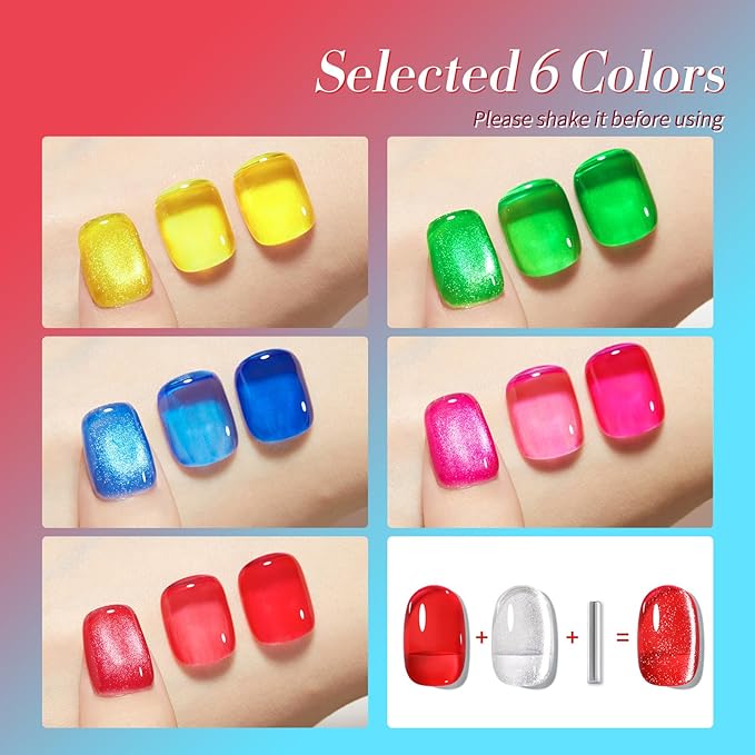 Born Pretty Neon Jelly Gel Nail Polish Glass Crystal Spring Summer Transparent Ice Jelly Gel Polish with Silver Holographic Glitter Cat Magnetic Eye Gel Polish Collection Minicure DIY Gifts 6PCS