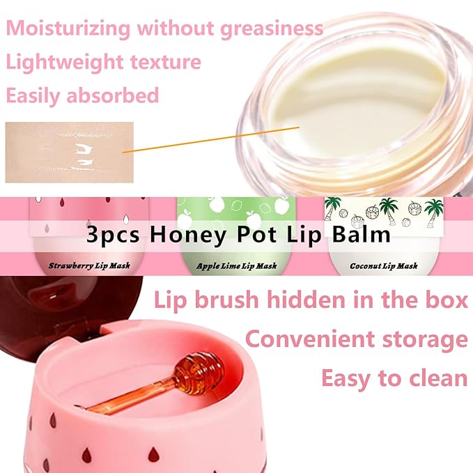 3 PCS Bee Lip Balm Honey Pot, Strawberry & Apple Lime & Coconut Lip Mask Overnight Propolis Moisturizing Lip Balm Hydrating Prevention Dry and Crack Lip Scrubs Exfoliator Lip Wrinkle Care (Set D)