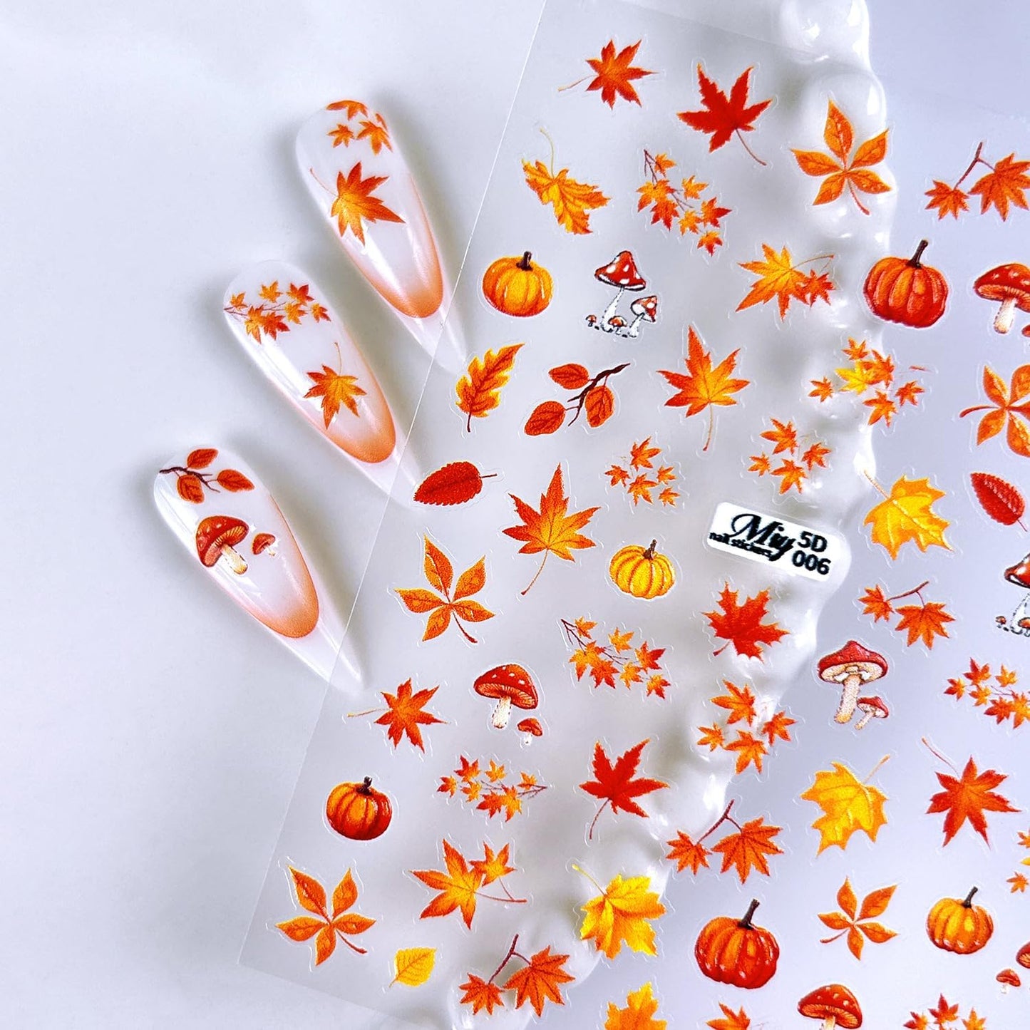 Fall Nail Art Stickers - 5D Miniature Sculpture Fall Pumpkin Nail Decals - 2PCS Manicure Maple Leaves Squirrel Mushroom Nail Art Supplies Autumn Acrylic Nail Art Decoration for Women
