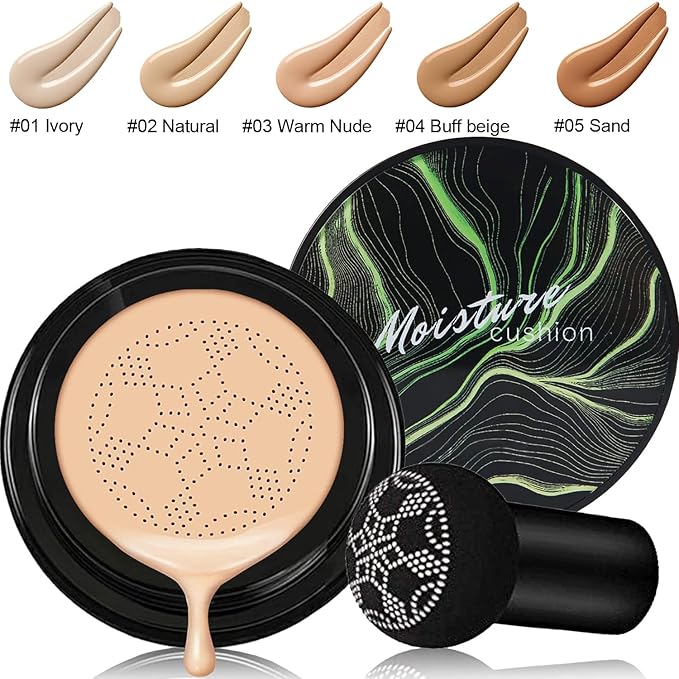 PHOERA Foundation,Mushroom Head Air Cushion CC Cream Natural Foundation, PHOERA Primer, PHOERA Powder, Kabuki Makeup Brushes Foundation Brush Powder Brush (101 Porcelain+01 Ivory CC)