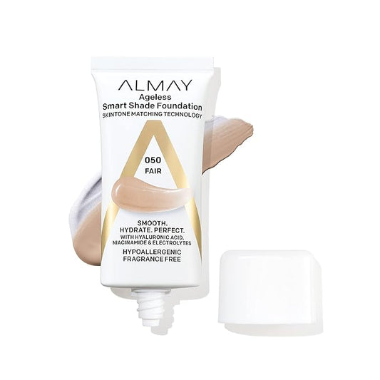 Almay Anti-Aging Foundation, Smart Shade Face Makeup with Hyaluronic Acid, Niacinamide, Vitamin C & E, Hypoallergenic-Fragrance Free, 050 Fair, 1 Fl Oz (Pack of 1)
