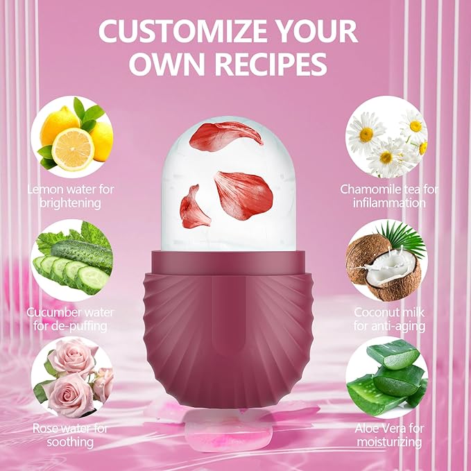 2pcs Ice Roller for Face and Eye, Silicone Ice Facial Roller Ice Holder, Face Ice Mold Skin Care, Face Icers Reusable Ice Cube Roller for Shrink Pores Anti Wrinkle Reduce Puffiness, Pink Rose