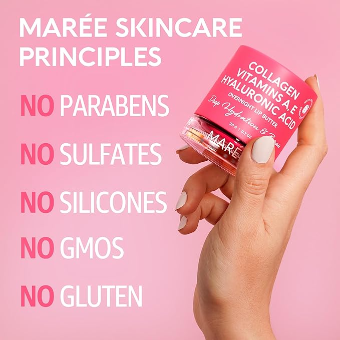 MAREE Lip Mask with Hyaluronic Acid & Coconut Oil - Overnight Collagen Lip Butter to Nourish & Hydrate Dry Cracked Lips - Moisturizer for Skin Care with Shea & Cocoa Butter - Sleeping Lip Butter Balm