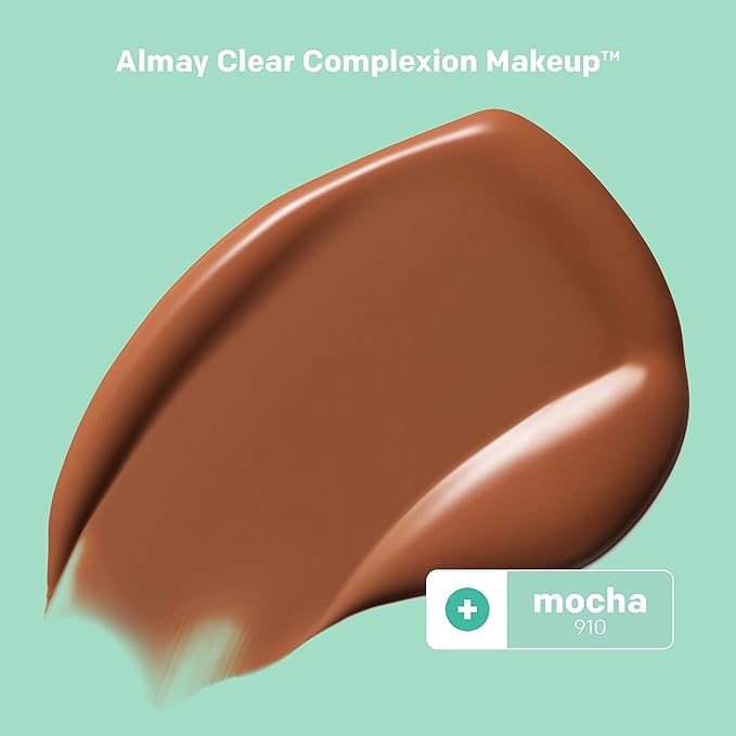Almay Clear Complexion Acne Foundation Makeup with Salicylic Acid - Lightweight, Medium Coverage, Hypoallergenic, Fragrance-Free, for Sensitive Skin, 910 Mocha, 1 fl oz.