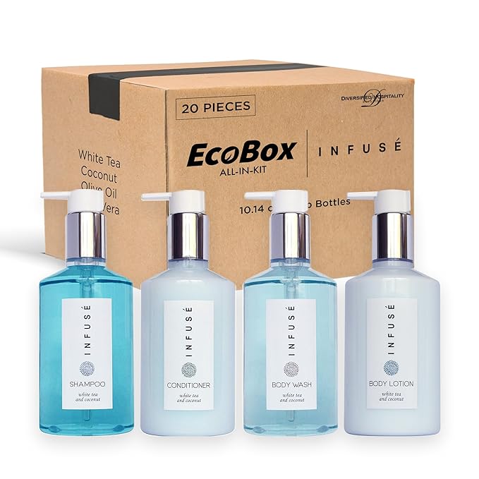 A 20 Piece Ecobox All-In-Kit of our Infuse | White Tea and Coconut Soap | 6 Shampoo, 4 Conditioner, 6 Body Wash & 4 Lotion | 10.14 oz Hotel Soaps and Toiletries Bulk | Personal Care Products