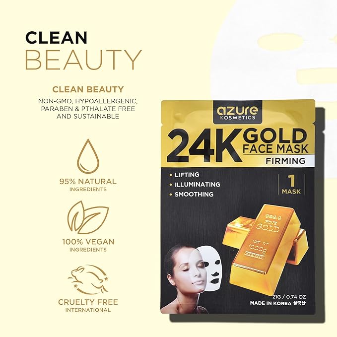 Azure Cosmetics 24K Gold Firming Face Mask- Anti Aging, Hydrating, Toning & Firming Facial Mask - Helps Reduce Wrinkles & Fine Lines with Hyaluronic Acid & Collagen - Made in Korea - Pack of 5
