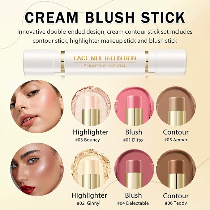 6 Colors Cream Contour Stick Makeup Kit, Double-ended Cream Highlighter Stick Bronzer and Blush Stick for Sculpt the Cheeks, Matte & Dewy Finish, Face Contour Kit for Beginners, Set A