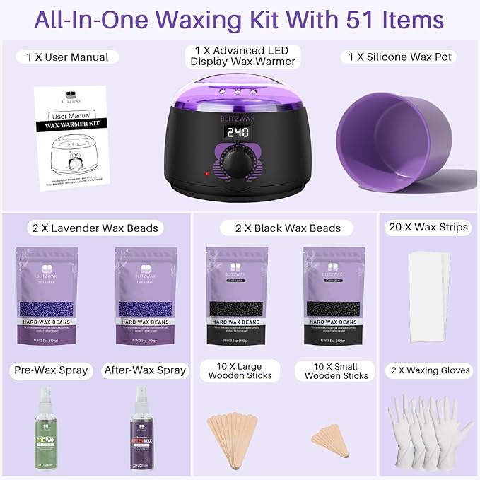 BLITZWAX Brazilian and Bikini Waxing Kit for Women, Hard Wax Warmer for Face, Legs and Body, At Home Hair Removal Kit, Beginner Friendly, Digital Fast Heating, 51 Wax Items
