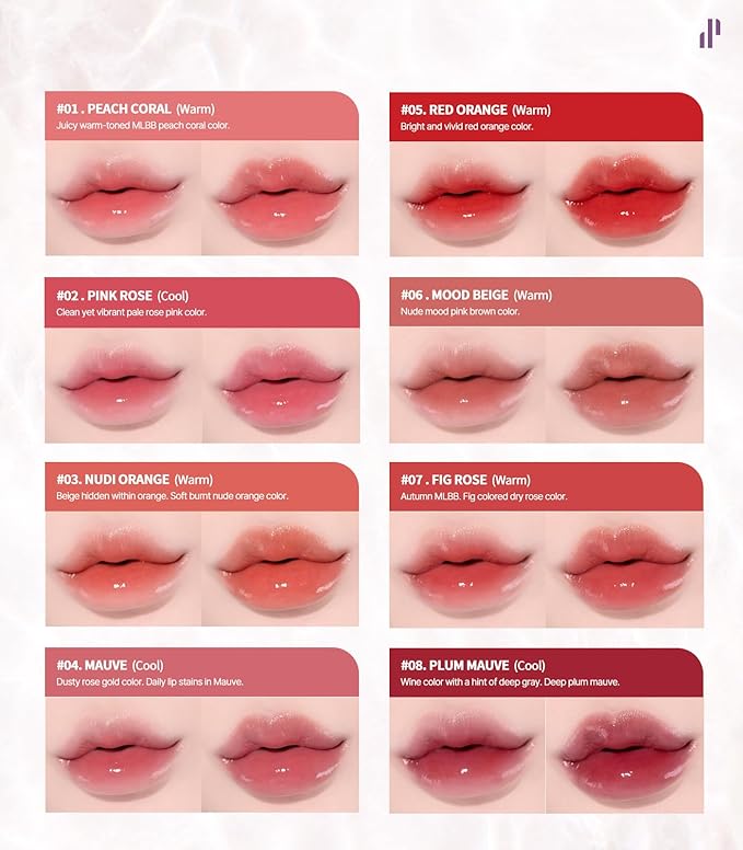 Heart Percent Dote On Mood Pure Glow Tint, Watery & Lightweight Moisturizing Lip Stain Long Lasting Liquid Lipstick 6.8g, #08. Plum Mauve