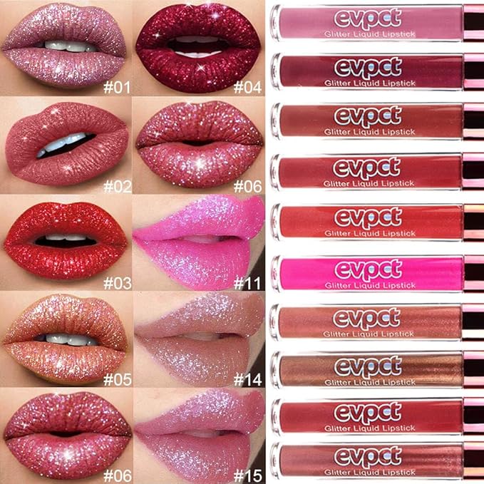 eevpct 2Pcs Mauve Red & Wine Red Matte to Glitter Liquid Lipstick Set Kit for Women Long Lasting Glossy Metallic Shimmer Sparkle Lipstick Lip Gloss 2+6