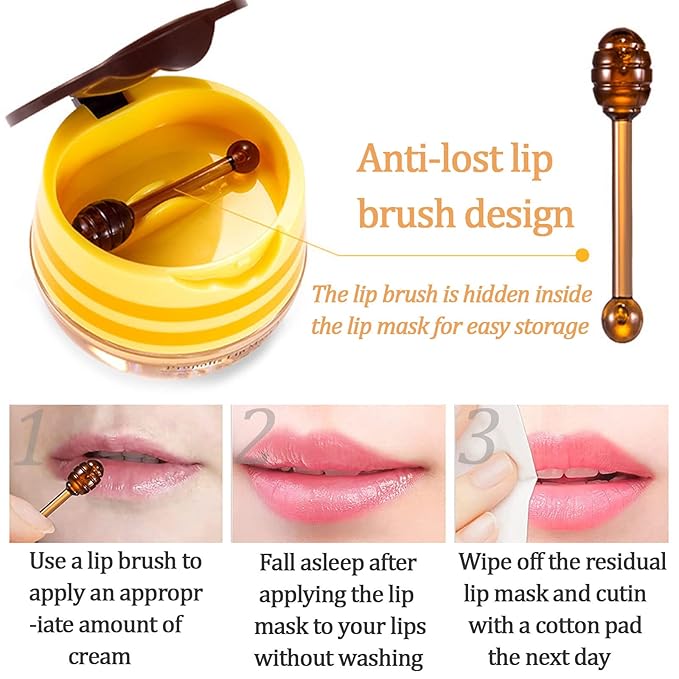 3 PCS Bee Lip Balm Lip Mask Honey Pot, Honey & Strawberry & Apple Lime Lip Mask Propolis Moisturizing Lip Balm with Stick, Sleeping Lip Mask Hydrating Prevention Dry & Cracked Lip Scrubs