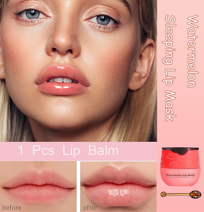 1 PCS Bee Lip Balm Honey Pot, Exfoliating Watermelon Bee Lip Balm Sleeping Lip Mask Overnight with Sticks, Honey Pot Lip Balm Prevention Dry Hydrating and Crack Lip Scrubs