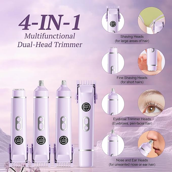 Bikini Trimmer for Women, 4 in 1 Wet/Dry Electric Razors for Women - Dual Head, Painless Rechargeable Portable Womens Razors for Shaving Set for Face, Nose, Eyebrows, Armpits, Bikini Area (Purple)
