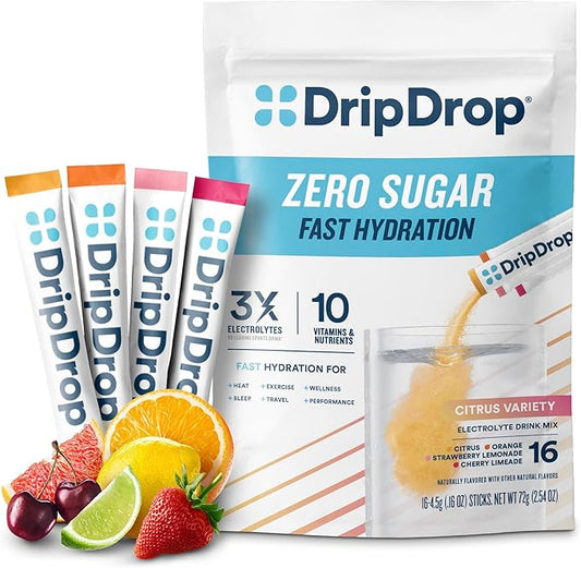 DripDrop Sugar Free Hydration Packets - Zero Citrus Variety Pack - Single Serve Electrolytes Powder Drink Mix - Cherry Limeade, Citrus, Orange, Strawberry Lemonade - Non-GMO, Gluten Free - 16 Sticks