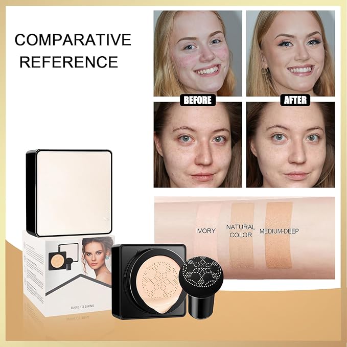 Air Cushion CC Cream Mushroom Head - Moisturizing & Oil Control Screw Lid Concealer Makeup Base, Primer Liquid Foundation Long Lasting with Mushroom Makeup Sponges for All Skin Types (Buff Beige)