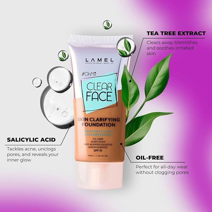 LAMEL OhMy Clear Face Full Coverage Foundation - Acne Coverage - Salicylic Acid & Tea Tree Extract - Dewy & Flawless Finish - Sensitive Skin Care - Organic & Oil-Free - 409, 1.35 fl.oz