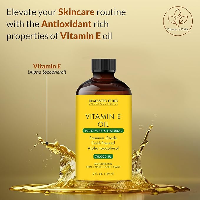 Majestic Pure Vitamin E Oil - 100% Pure & Natural, 70,000 IU | Premium Grade, Cold-Pressed and Tocopherol to Repair Dry, Damaged Skin | Moisturizing Skin, Hair and Scalp 2 Fl Oz