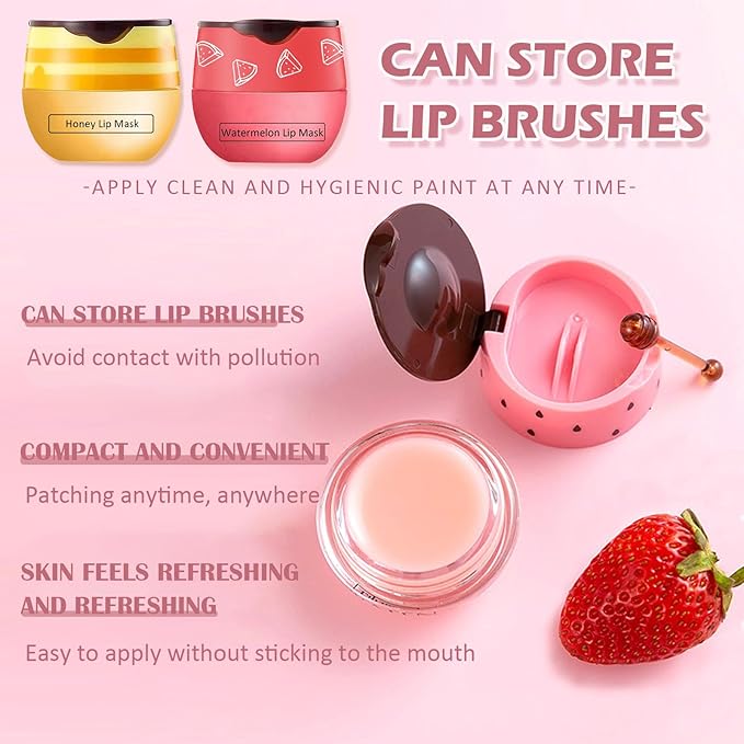 Bee Lip Balm Honey Pot,3 PCS Strawberry&Honey&Watermelon Lip Sleeping Mask,Hydrating Prevention Dry and Cracked Lip Scrubs Exfoliator Lip Care,Moisturizing Lip Mask Overnight Reduces Lip Lines
