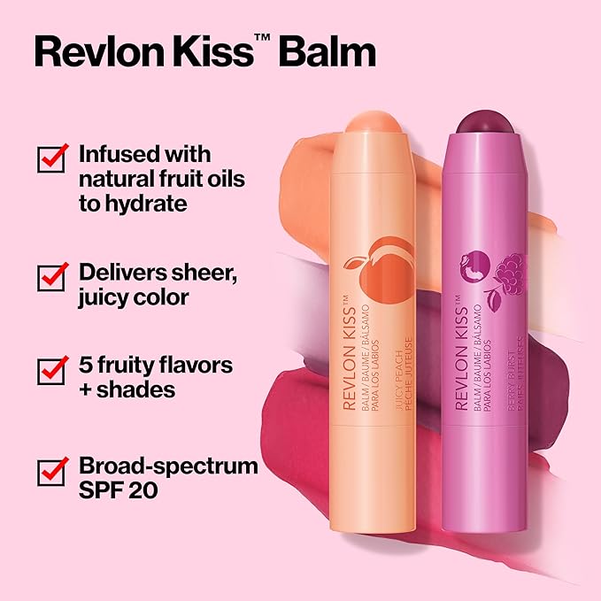 Revlon Lip Balm, Kiss Tinted Lip Balm, Face Makeup with Lasting Hydration, SPF 20, Infused with Natural Fruit Oils, 035 Berry Burst, 0.09 Oz (Pack of 2)