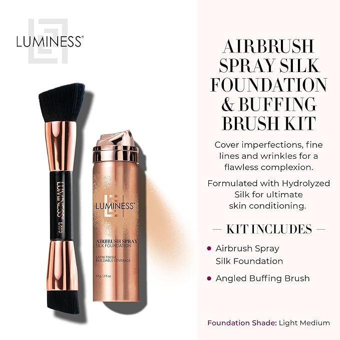 LUMINESS Silk Airbrush Spray Foundation & Buffing Brush Kit - Light Medium, Unisex, Skin Foundation Concealer