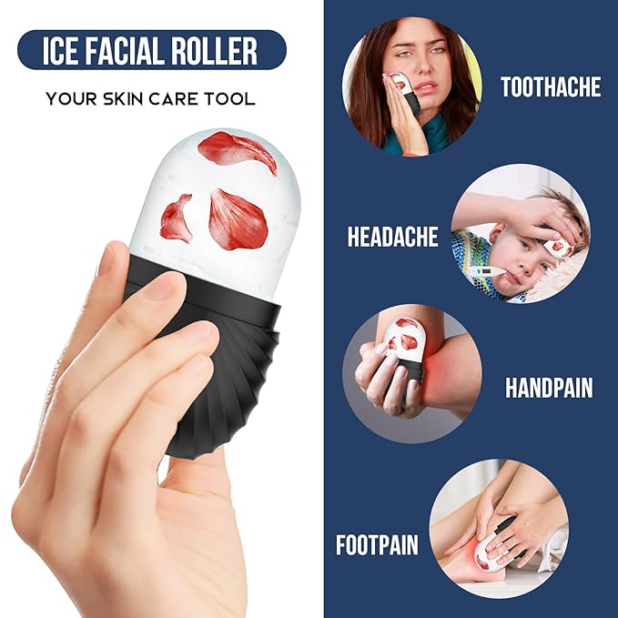 Ice Roller for Face and Eye, Reusable Silicone Ice Facial Roller Ice Holder, Face Ice Mold Skin Care, Ice Cube Roller for Shrink Pores Anti Wrinkle Reduce Puffiness, Black
