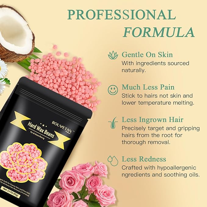 Hard Wax Beads, Bouvetan 1.3Lb/21oz Wax Beans for Brazilian Waxing, Hard Waxing Beads for Eyebrow, Face, Bikini for Women Men Hair Removal with 10pcs Wax Spatulas, 6 Packs