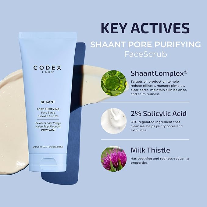 Codex Labs Shaant Pore Purifying Face Scrub - Oil Control Pore Minimizer Exfoliator - For Acne Prone, Oily Skin, All Skin Types - With 2% Salicylic Acid - Cruelty-Free, Vegan Skincare (100g)