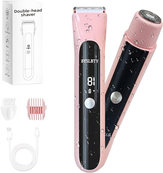 2 in 1 Bikini Trimmer for Women Dual Head Electric Shaver with LED Display,IPX7 Waterproof Wet & Dry, Painless Shaver for Underarm Leg Arm Body Face Private Area Pink