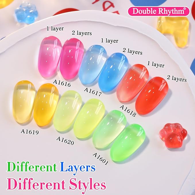 Double Rhythm 6 Pcs 15 ML Gel Polish Set Same Color Same Bottle Soak Off Gel Polish Kit Nail Art Manicure Salon DIY at Home for Women (Jelly Neon Pink Blue Red Green-T6-26)