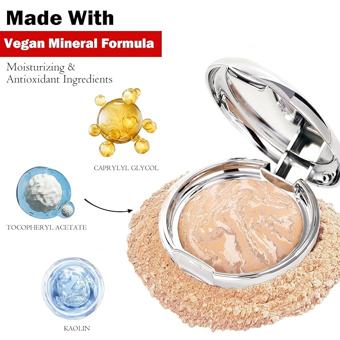 Marbleized Baked Foundation Makeup, Balance and Brighten Color Correcting Powder Foundation - Buildable Light to Medium Coverage - Demi-Matte Natural Finish (#002 LIGHT, 0.32 Oz)