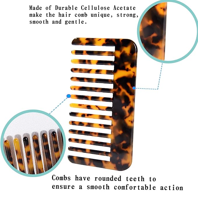 Fsmiling Hair Detangling Comb, Small Travel Purse Wide Tooth Pocket Comb for Thick Curly Wavy Hair, Acetate Hair Detangler Comb for Wet And Dry, 2 Pack