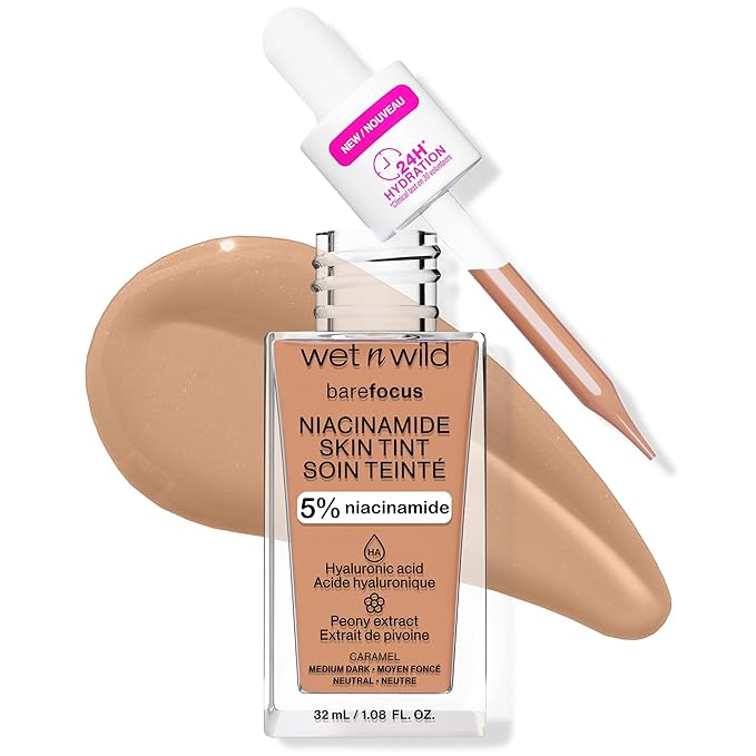 wet n wild Bare Focus Skin Tint, 5% Niacinamide Enriched, Buildable Sheer Lightweight Coverage, Natural Radiant Finish, Hyaluronic & Vitamin Hydration Boost, Cruelty-Free & Vegan - Caramel