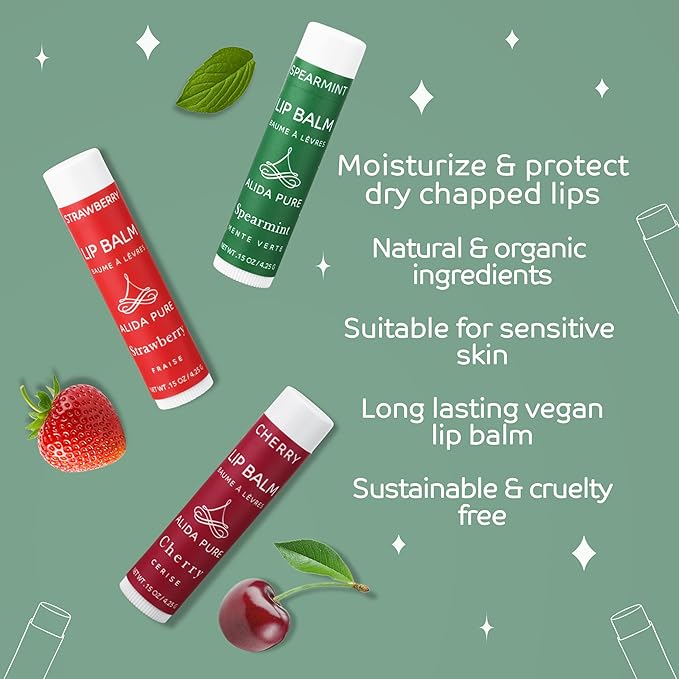 Berry Mint Lip Balm Collection, Vegan Set, Bees Wax Free, Coconut Oil Free, with Organic Jojoba and Avocado Oil, Vitamin E, Natural Moisturizer For Dry Cracked Lips, 3 Tube Set