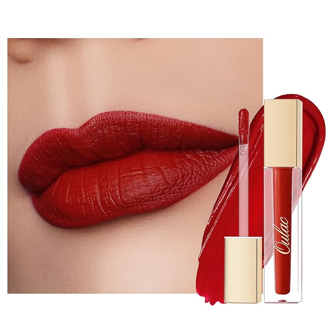 Oulac Matte Liquid Red Lipstick for Women, Deep Red Lip Gloss Creamy Matte Texture, Waterproof, Non-Stick Cup, Extra-Pigmented Lip Tint Stain with Vitamin E & Rose Oil, Vegan, Cruelty-Free, M01