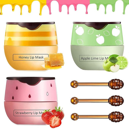 3 PCS Bee Lip Balm Honey Pot, Honey & Strawberry & Apple Lime Lip Balm, Lip Sleeping Mask Hydrating Prevention Dry and Cracked Lip Scrubs Exfoliator Lip Care, Moisturizing Lip Mask Overnight